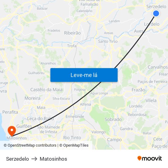 Serzedelo to Matosinhos map