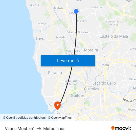 Vilar e Mosteiró to Matosinhos map