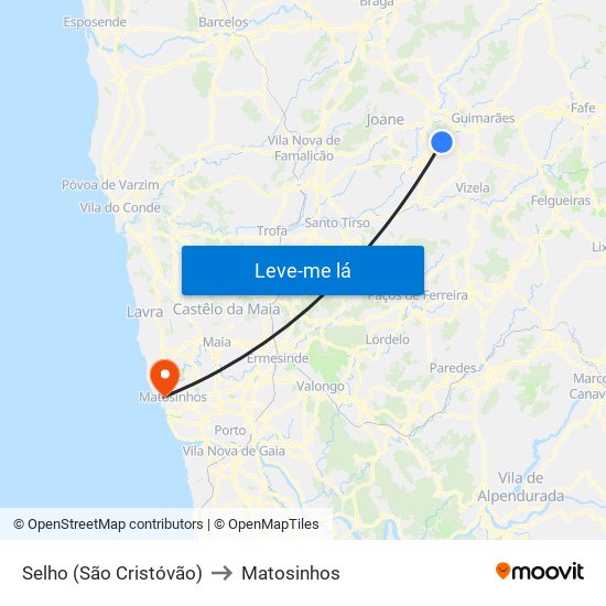 Selho (São Cristóvão) to Matosinhos map