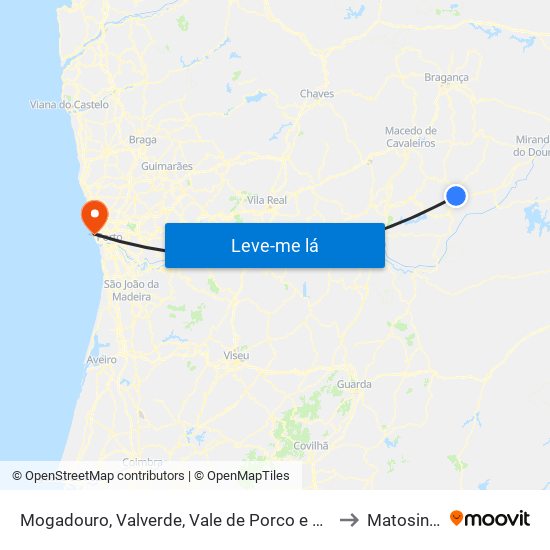 Mogadouro, Valverde, Vale de Porco e Vilar de Rei to Matosinhos map