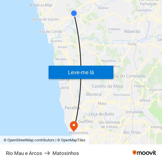 Rio Mau e Arcos to Matosinhos map