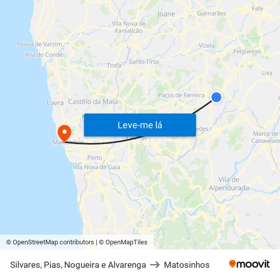 Silvares, Pias, Nogueira e Alvarenga to Matosinhos map