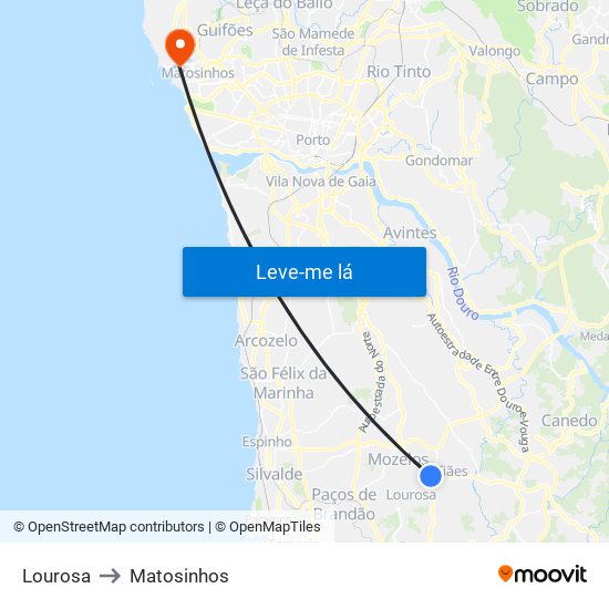 Lourosa to Matosinhos map