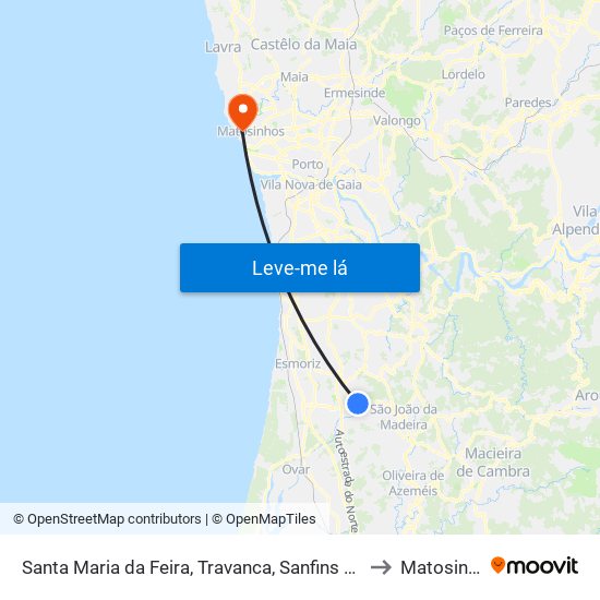 Santa Maria da Feira, Travanca, Sanfins e Espargo to Matosinhos map