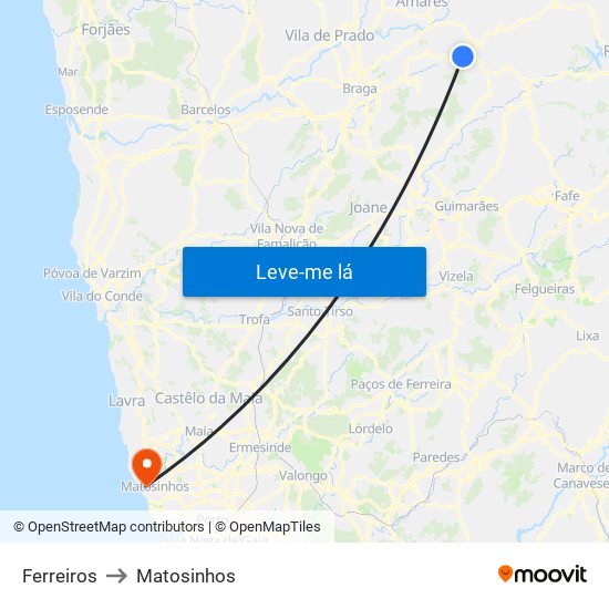 Ferreiros to Matosinhos map