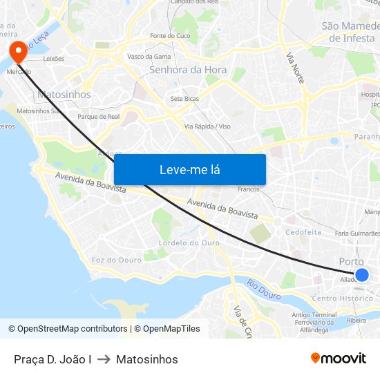 Praça D. João I to Matosinhos map