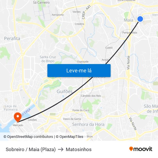 Sobreiro / Maia (Plaza) to Matosinhos map