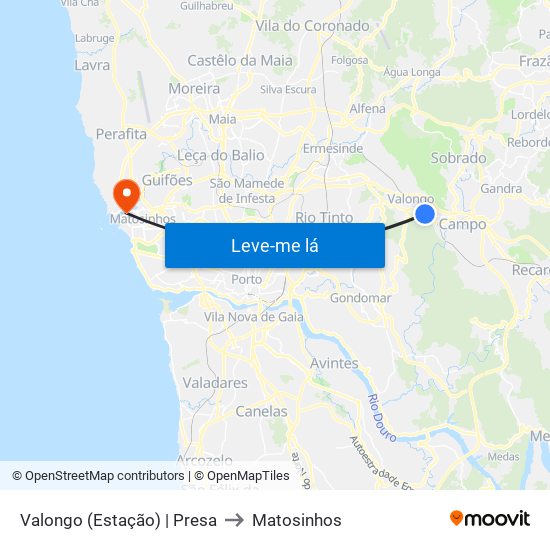 Valongo (Estação) | Presa to Matosinhos map