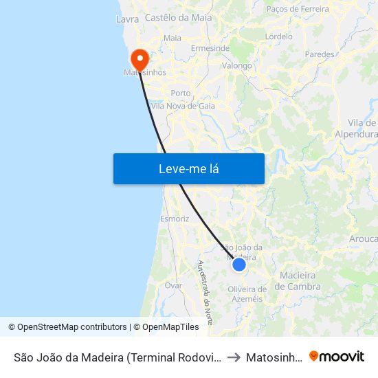 São João da Madeira (Terminal Rodoviário) to Matosinhos map