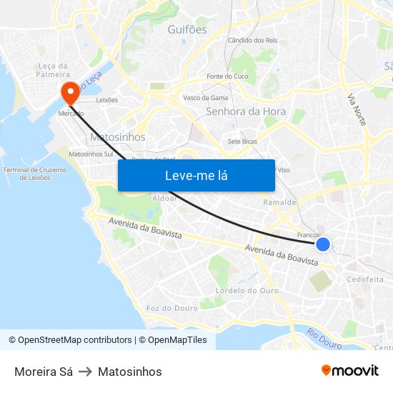 Moreira Sá to Matosinhos map