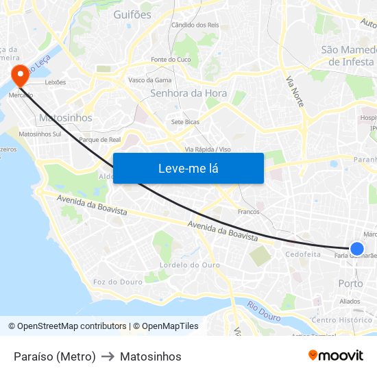 Paraíso (Metro) to Matosinhos map