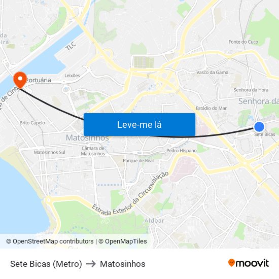 Sete Bicas (Metro) to Matosinhos map