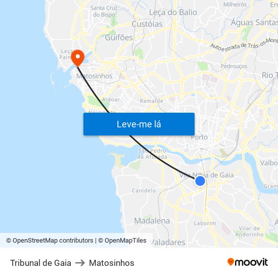 Tribunal de Gaia to Matosinhos map