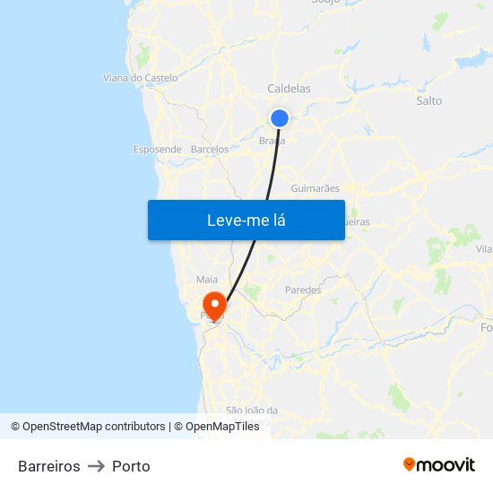Barreiros to Porto map