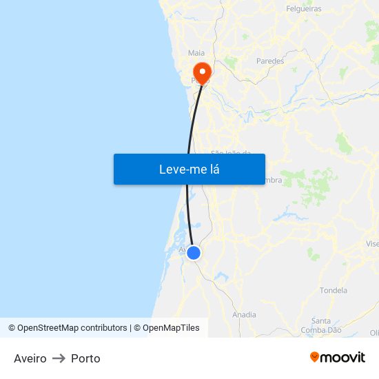 Aveiro to Porto map