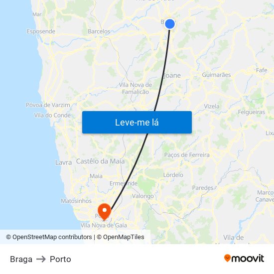 Braga to Porto map