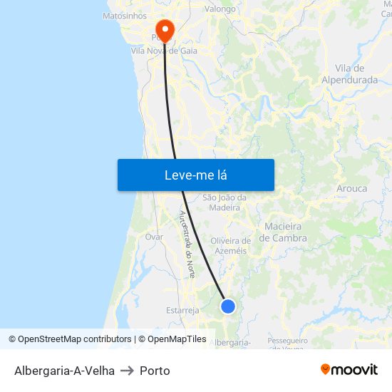 Albergaria-A-Velha to Porto map