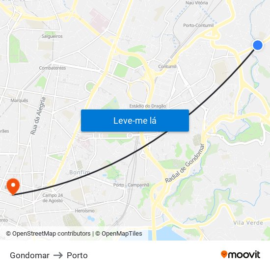 Gondomar to Porto map