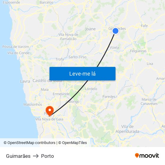 Guimarães to Porto map