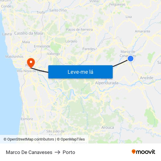 Marco De Canaveses to Porto map