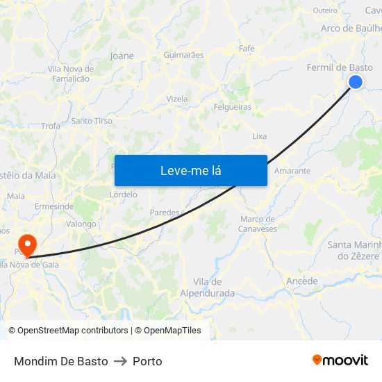 Mondim De Basto to Porto map