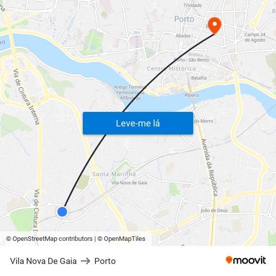 Vila Nova De Gaia to Porto map