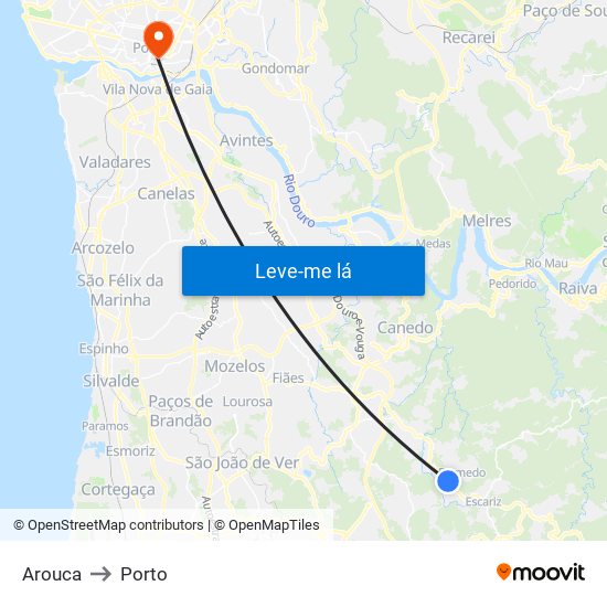 Arouca to Porto map