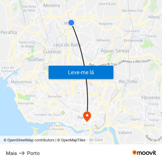 Maia to Porto map