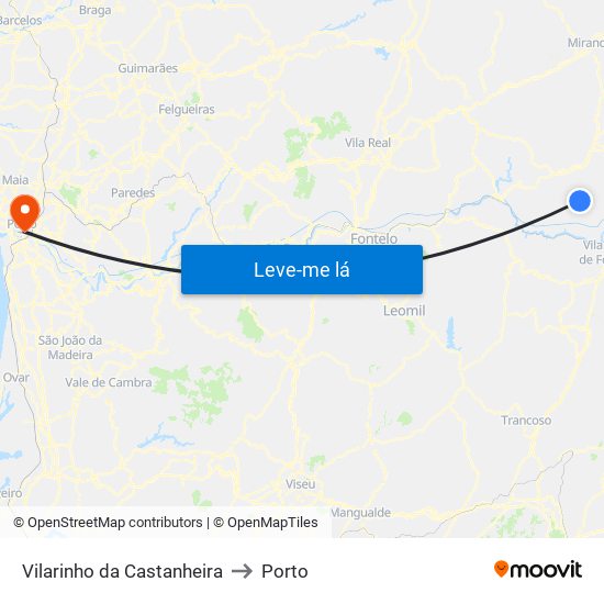 Vilarinho da Castanheira to Porto map