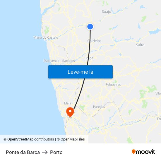 Ponte da Barca to Porto map