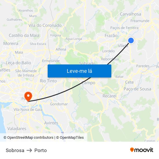 Sobrosa to Porto map
