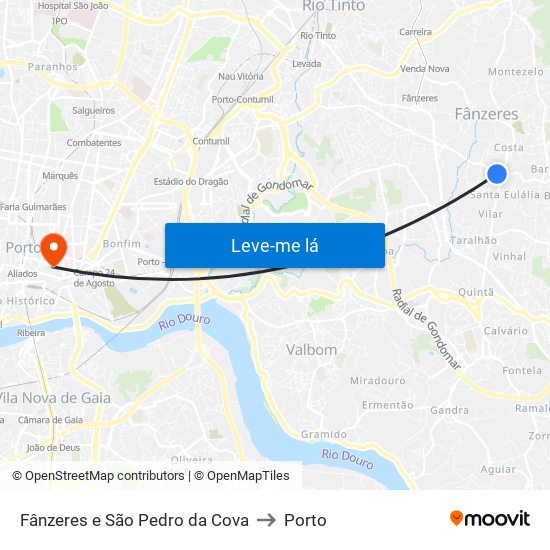 Fânzeres e São Pedro da Cova to Porto map