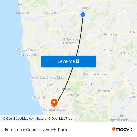 Ferreiros e Gondizalves to Porto map