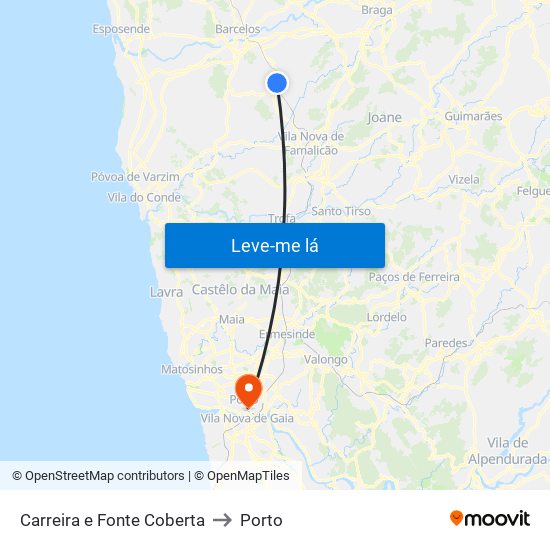 Carreira e Fonte Coberta to Porto map