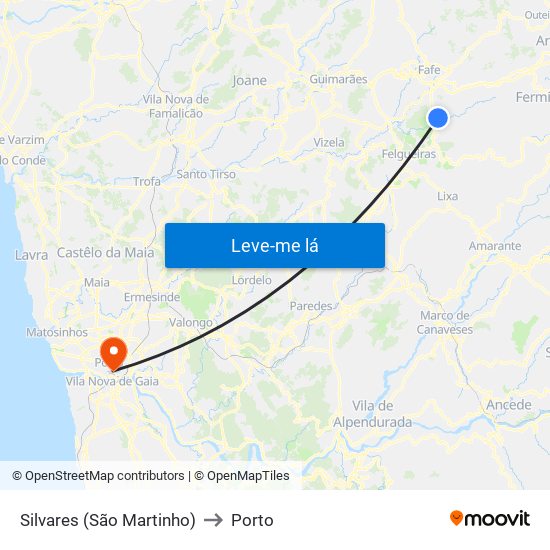 Silvares (São Martinho) to Porto map