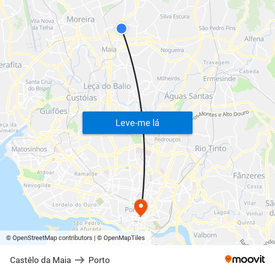 Castêlo da Maia to Porto map