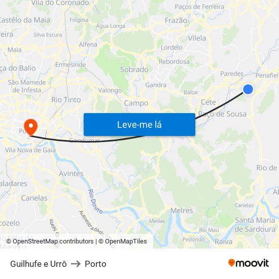 Guilhufe e Urrô to Porto map