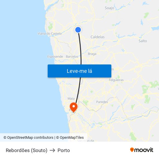 Rebordões (Souto) to Porto map