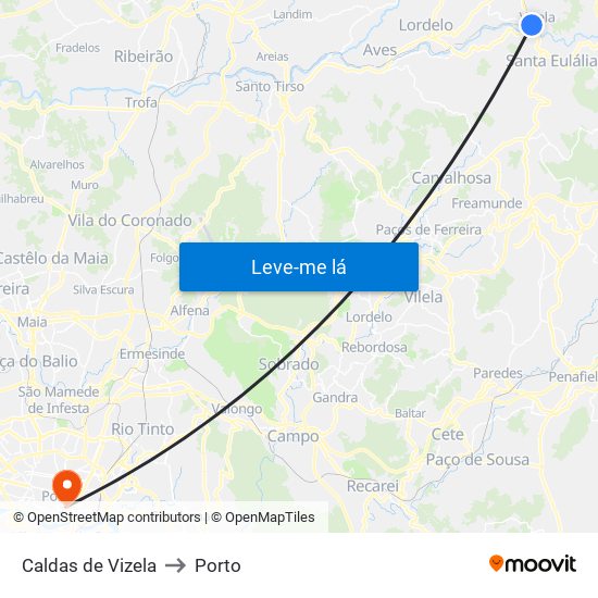 Caldas de Vizela to Porto map