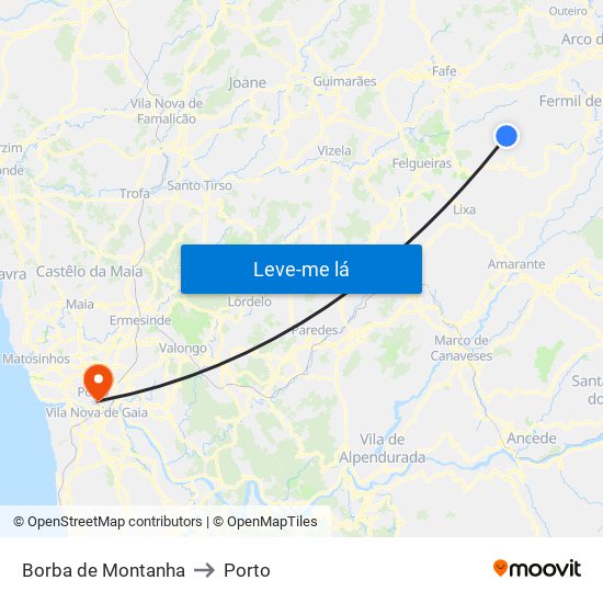 Borba de Montanha to Porto map