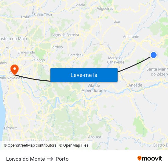 Loivos do Monte to Porto map