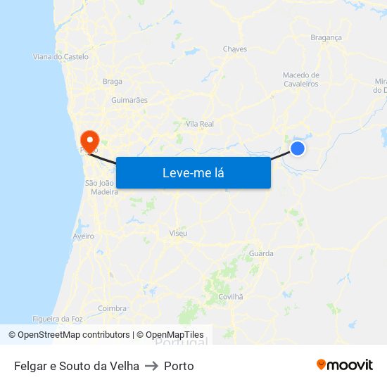 Felgar e Souto da Velha to Porto map