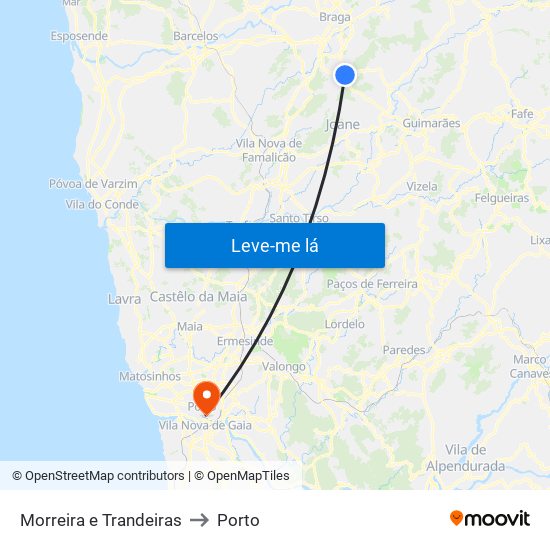 Morreira e Trandeiras to Porto map