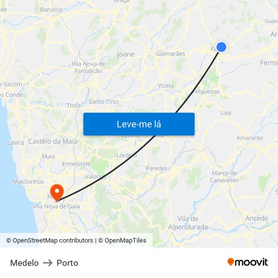 Medelo to Porto map