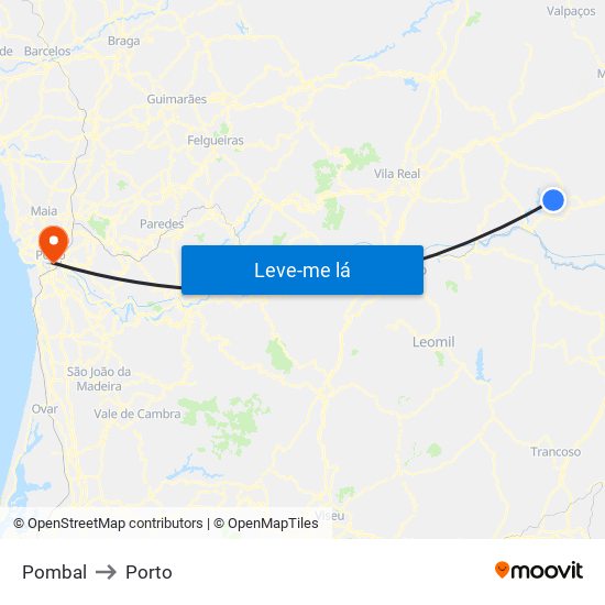 Pombal to Porto map
