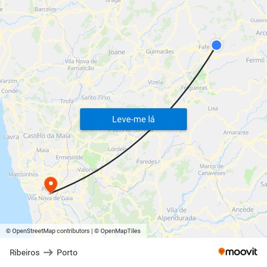 Ribeiros to Porto map
