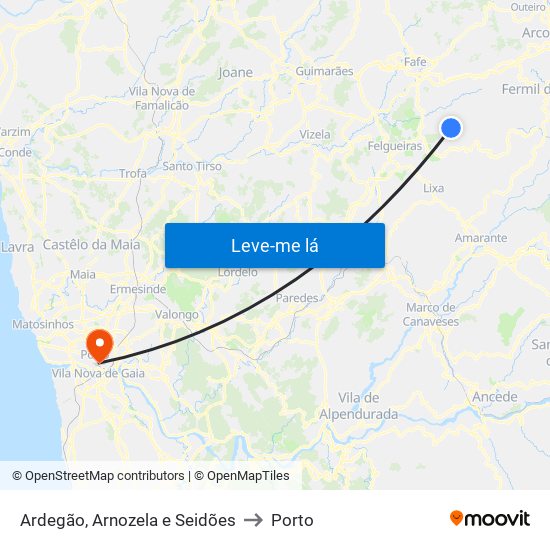 Ardegão, Arnozela e Seidões to Porto map