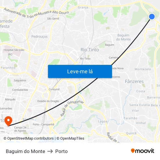 Baguim do Monte to Porto map