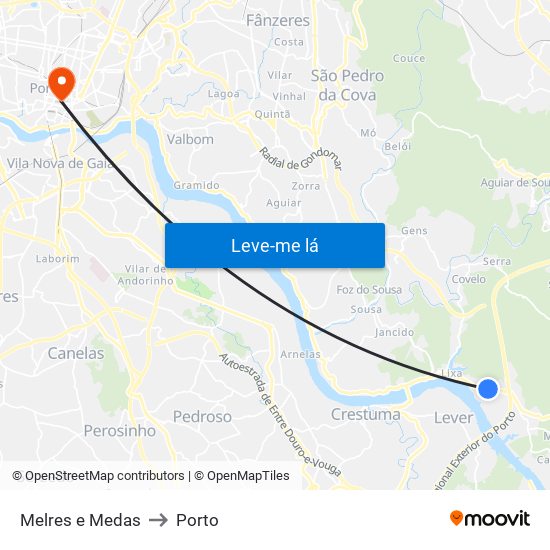 Melres e Medas to Porto map