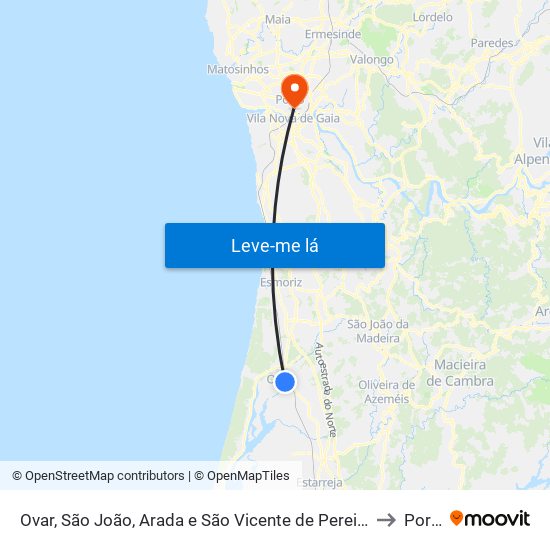 Ovar, São João, Arada e São Vicente de Pereira Jusã to Porto map